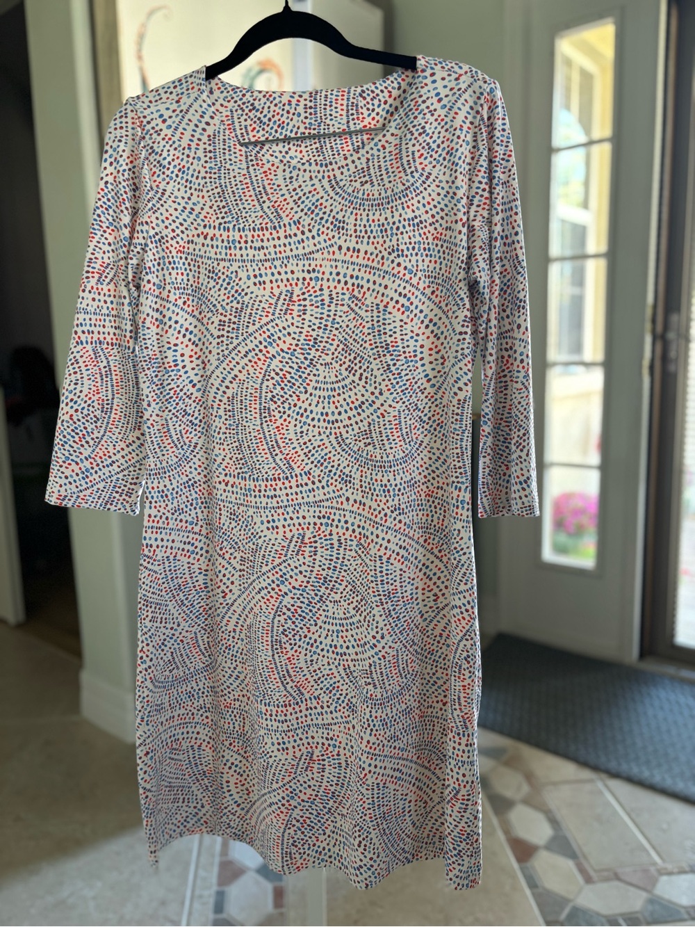 #084 MAHI GOLD White Shift Dress with Blue & Red Dot Print